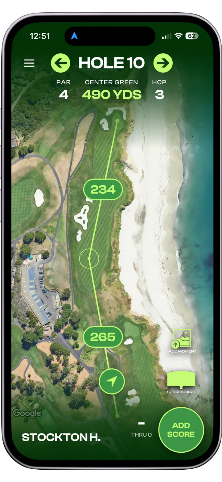 MATCHUPS satellite GPS view showing hole 10 with live yardages