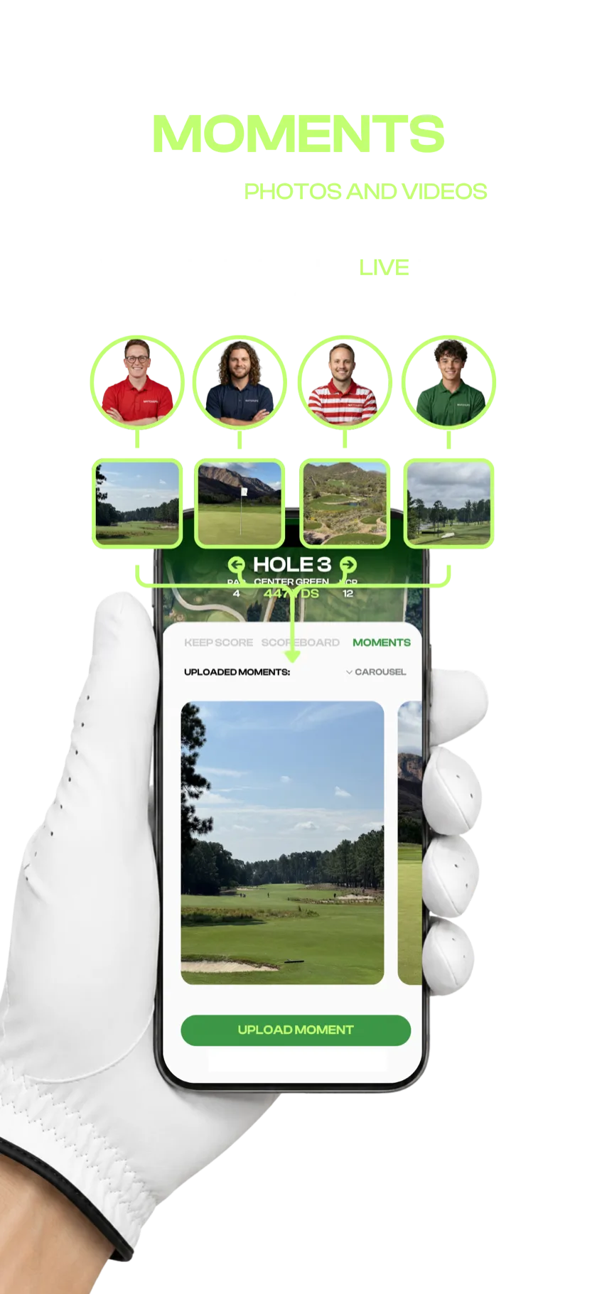 How Moments works: every player's photos and videos pool together live into the round's Moments tab