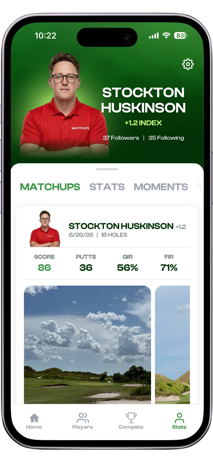 MATCHUPS profile with a pro-style headshot, golf activity, Moments albums, and stats