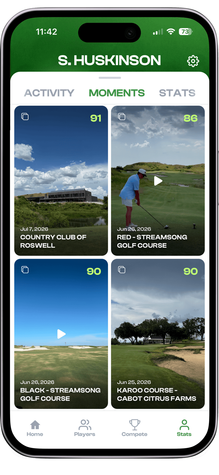 MATCHUPS Moments tab with a dedicated photo and video album for every golf round