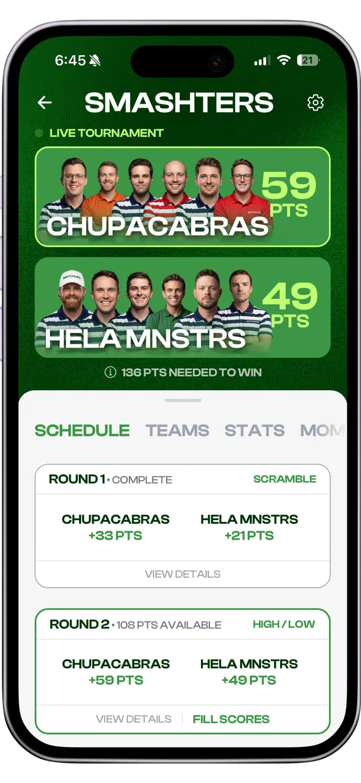 MATCHUPS tournament screen with teams and live standings