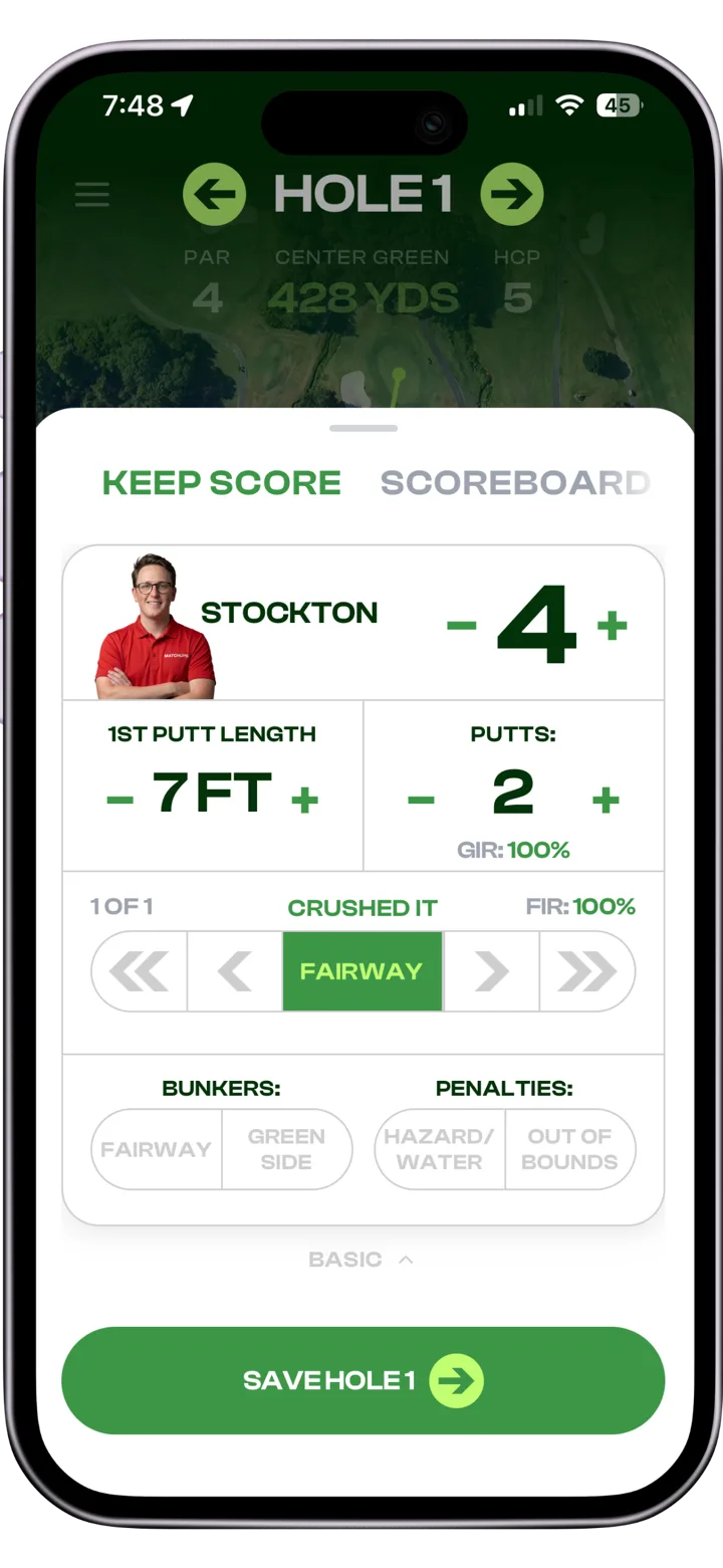 MATCHUPS keep score screen with strokes, putts, and fairway tracking