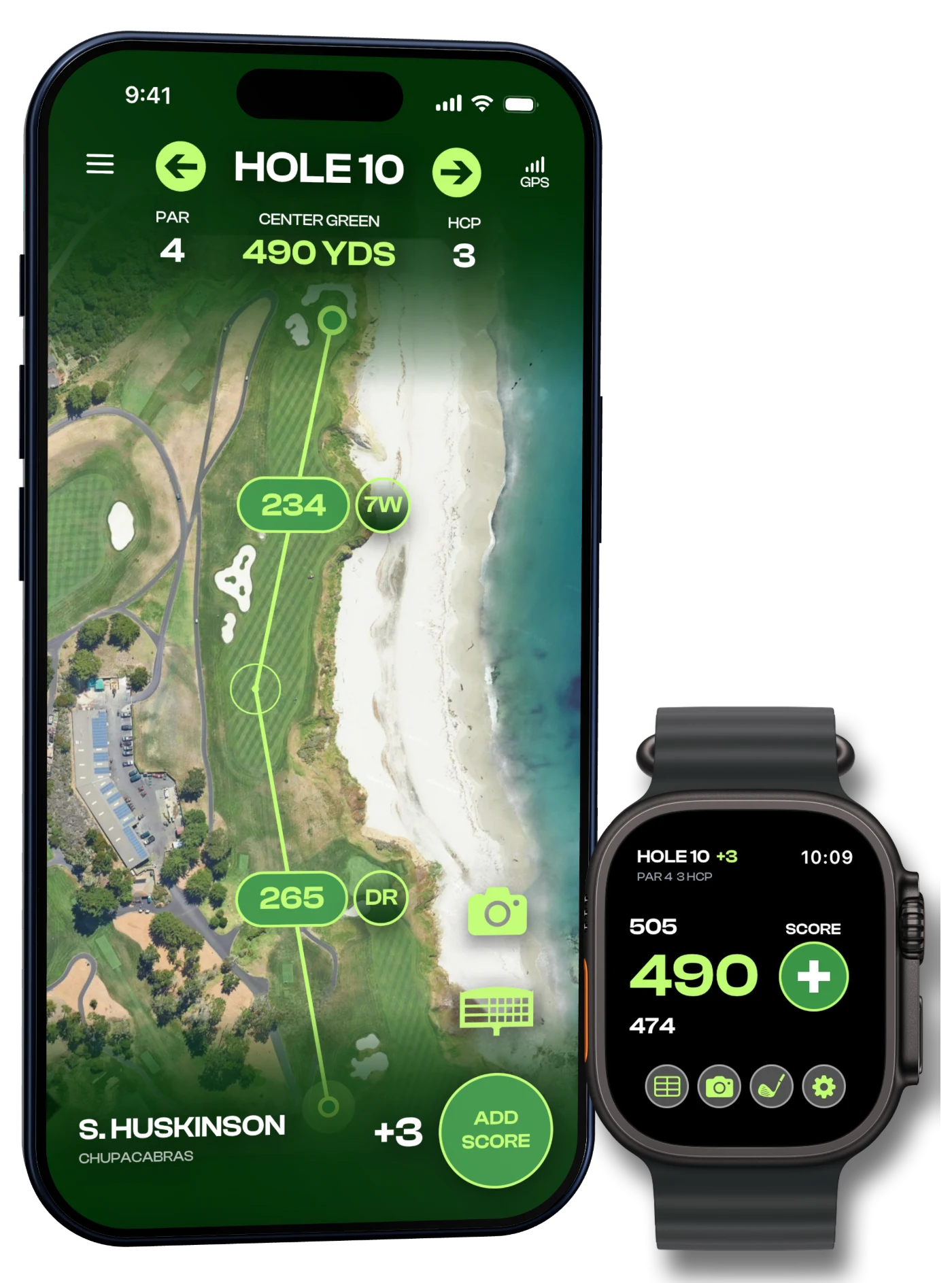 MATCHUPS on iPhone showing GPS yardages on hole 10 and on Apple Watch Ultra showing the score screen
